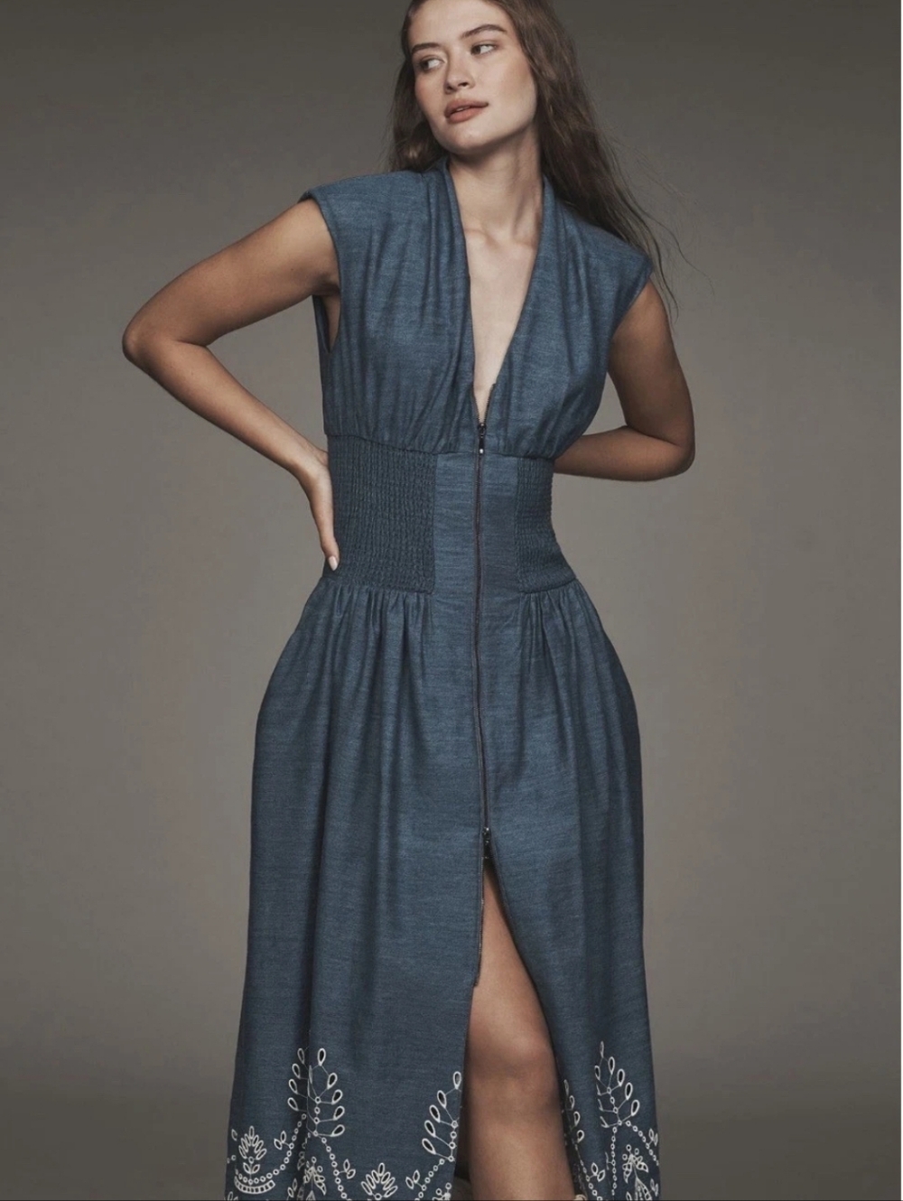 Anthropologie Blue Sleeveless Tommie Embroidered Smocked Waist Dress - Picture 4 of 6